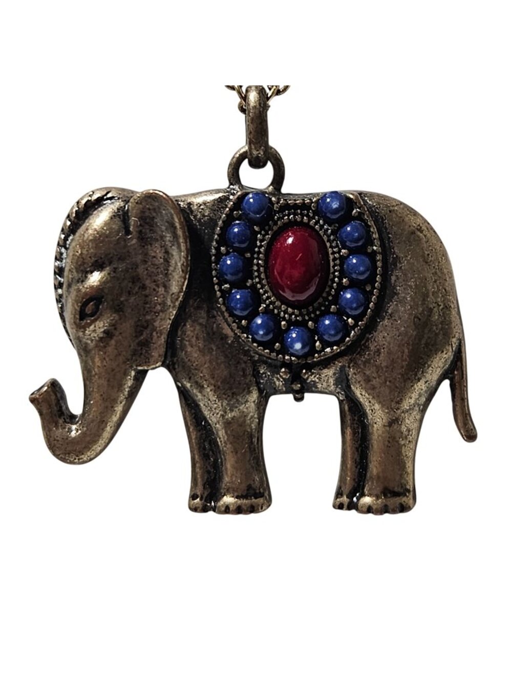 Antiqued Gold Tone Elephant Pendant Necklace Exotic Indian Talisman Good Luck